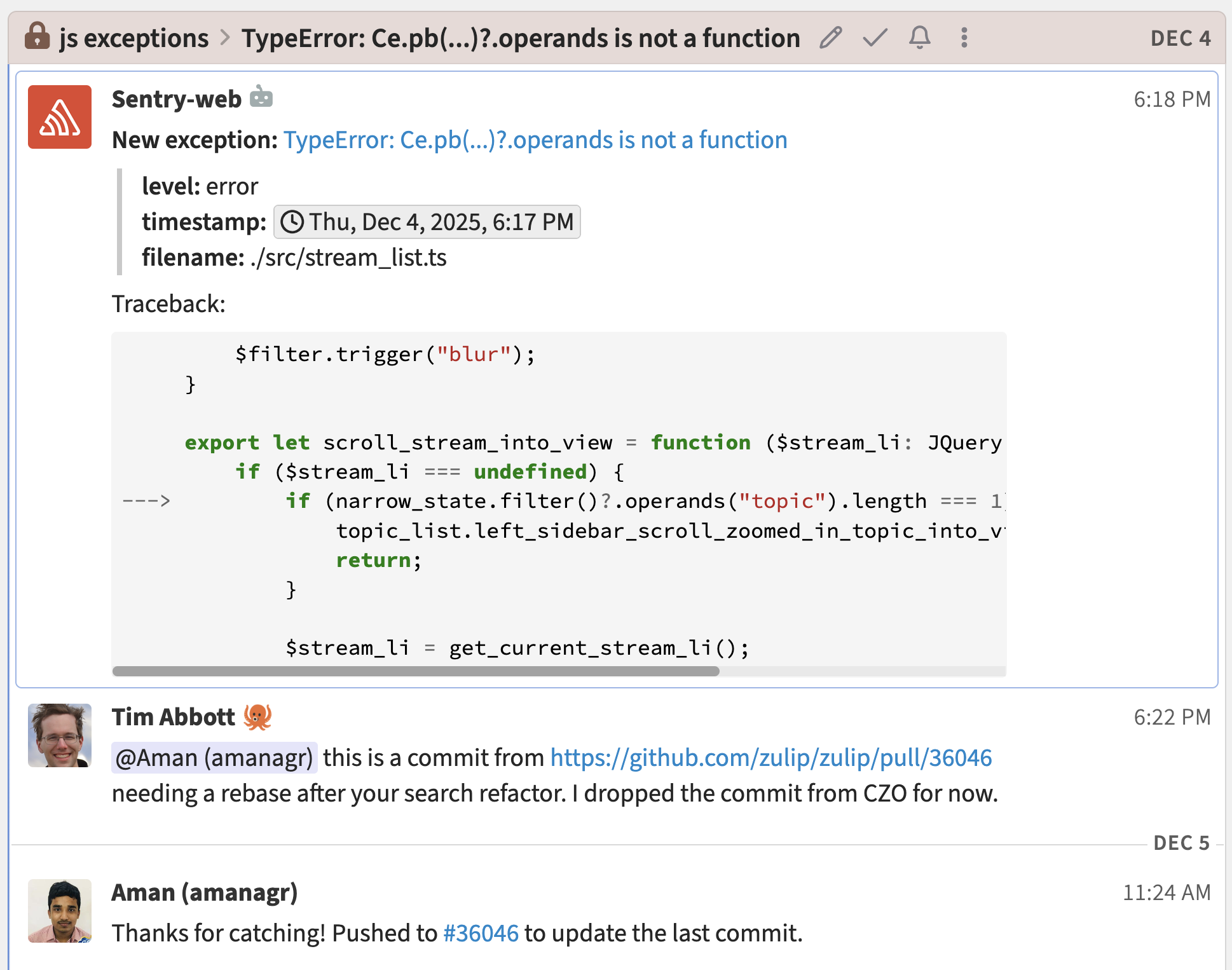 Screenshot of Zulip conversation with sentry bot